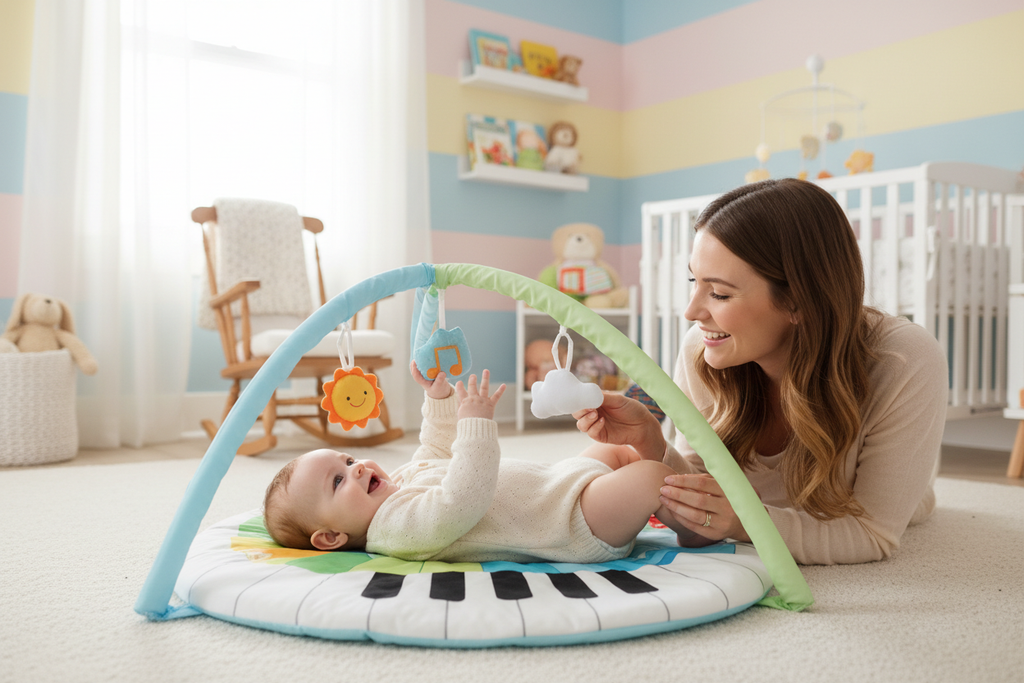 Glückliches Baby spielt auf der Musik-Spielmatte
